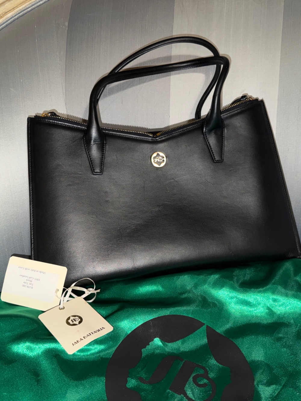 Sara Battaglia Black Leather Tote with Gold Logo